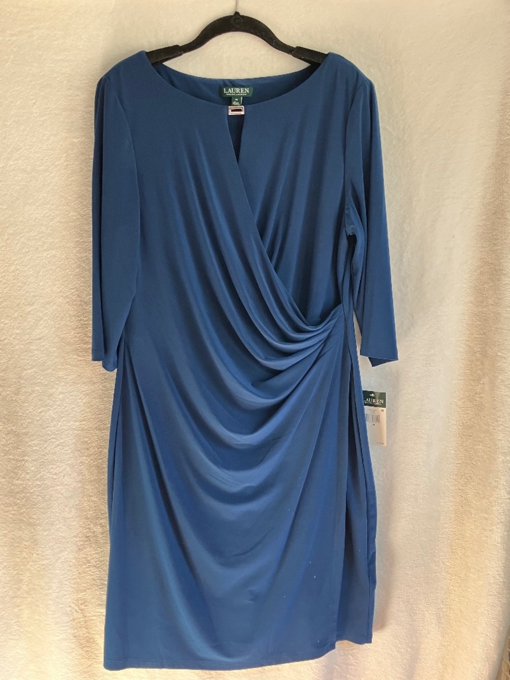 NWT Lauren Ralph Lauren Size 18 Blue Draped Faux Wrap Jersey Dress